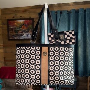 Spartina 449 Black & Cream Geometric Tote with Tan Stripe and Wallet